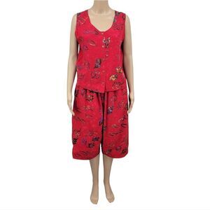 Young Fashion Vintage Red Patterned Culottes and Sleeveless Top Matching Set